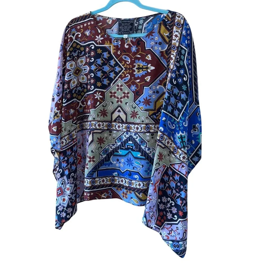 Johnny Was Womens Size L Multicolor Boho Round Kimono Sleeve Silk Caftan Blouse - Picture 2 of 11